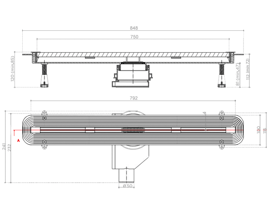 Rigola pentru duș cu fantă, Slim Line 750, (750x100x85-120mm)
